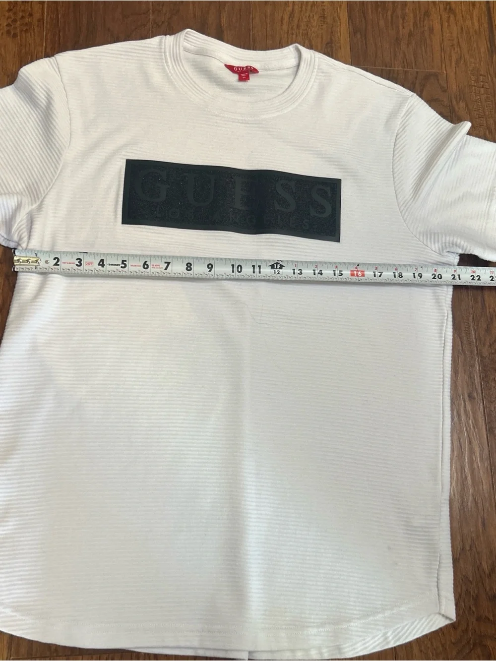Guess White Short Sleeve Ribbed Crewneck with Black Logo Panel - Picture 4 of 6